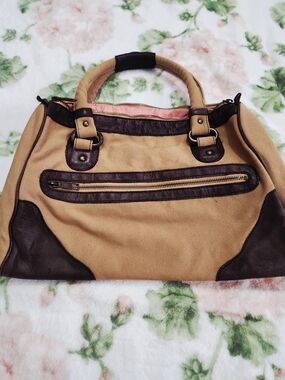 Y2k Vintage Gap 1969 Two-Tone Canvas Tote Bag in Tan and Dark Brown